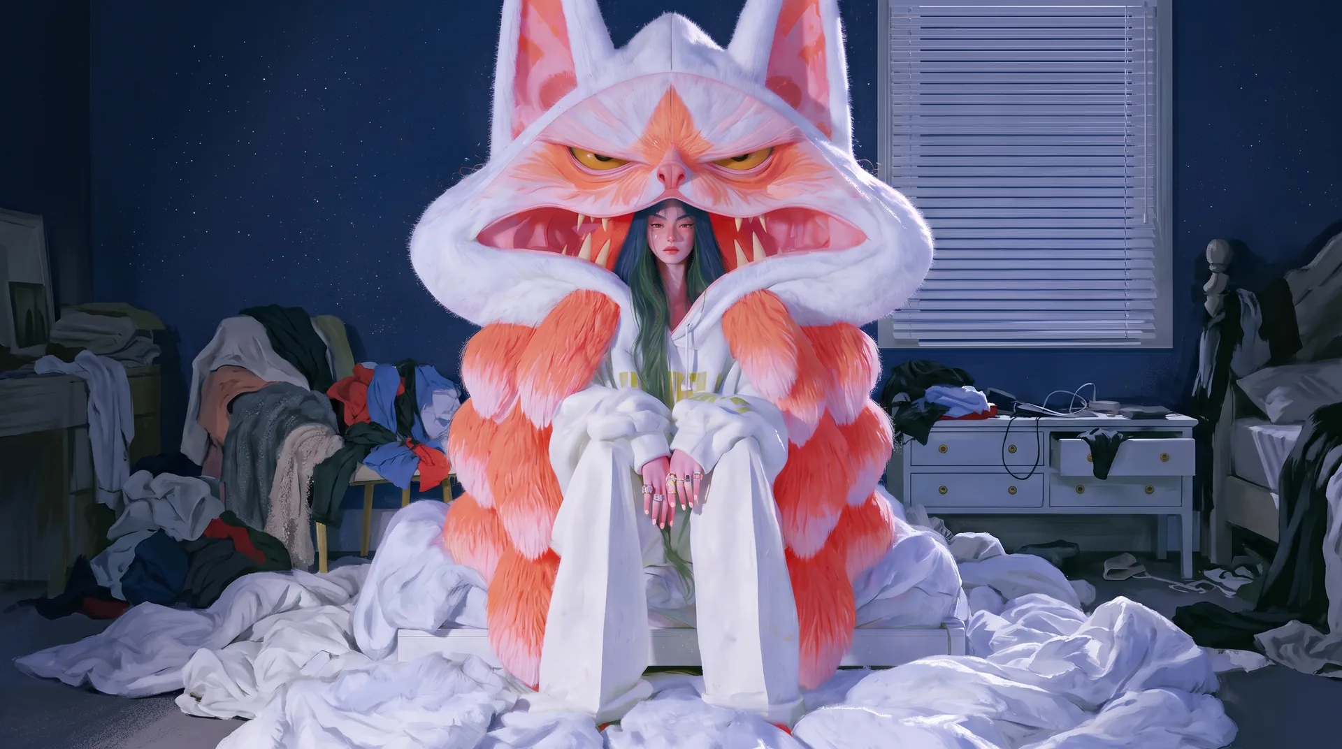 A woman sits on an unmade bed inside a coral and white fox hood, in a dark, cluttered bedroom.