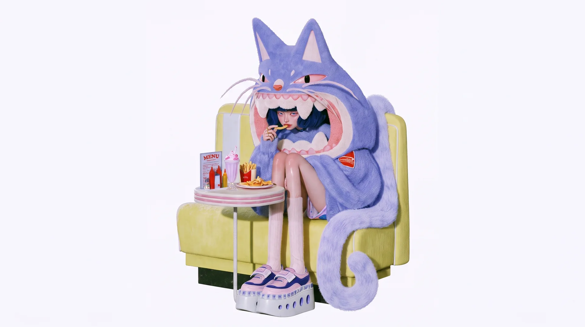 A woman in a lilac cat hood with open jaws eats fries on a yellow booth, set on white.
