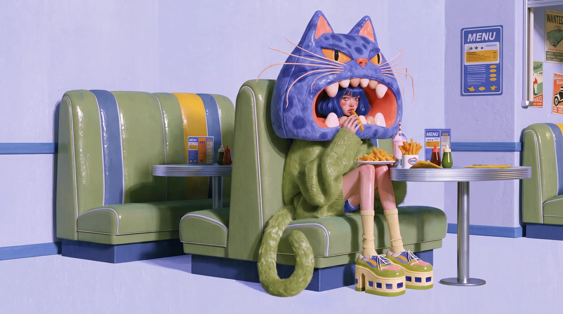 A woman in a lime sweater and a blue cat hood eats fries in a lilac diner booth.