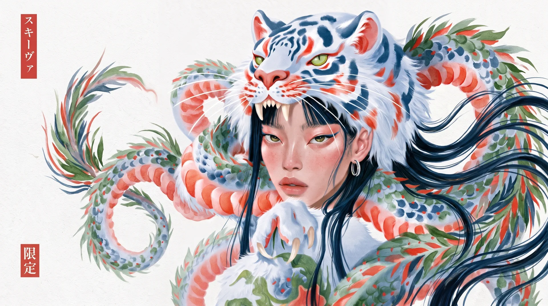 White Tiger Hood: a calm woman inside a white tiger hood, coral koi-scale coils wrapping her among clouds.