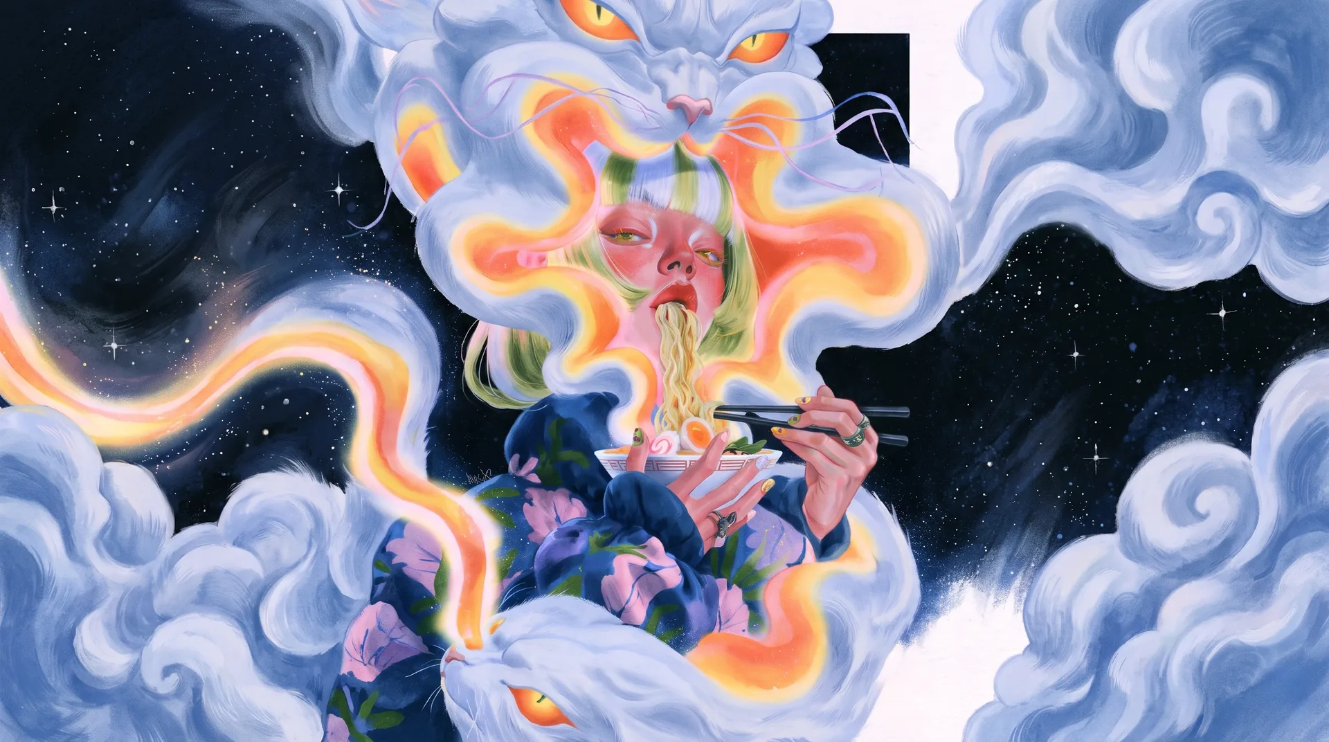 A figure eats noodles inside swirling clouds, crowned by a cloud cat with glowing eyes against a starry night.