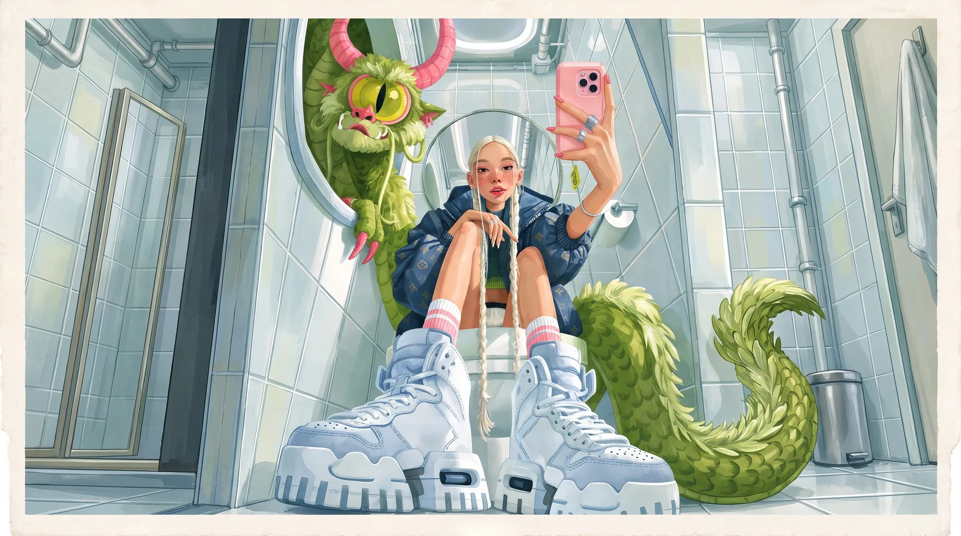 A woman takes a mirror selfie in a bathroom stall while a green dragon coils through the room.