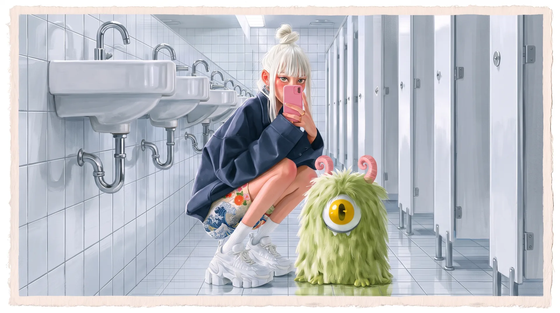 A woman crouches in a tiled washroom beside a small green one-eyed creature, taking a selfie.