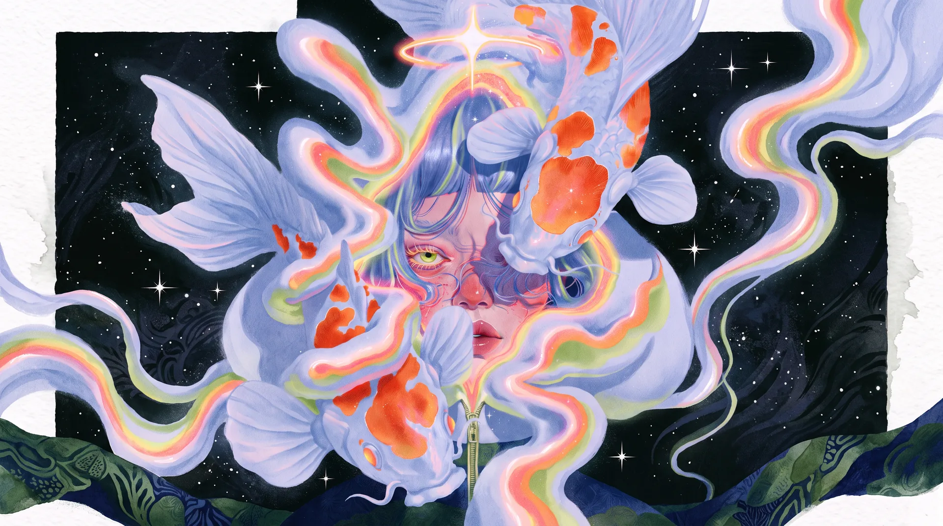 A face dissolving into prismatic ribbons and orange koi, framed by a starry night and a halo.