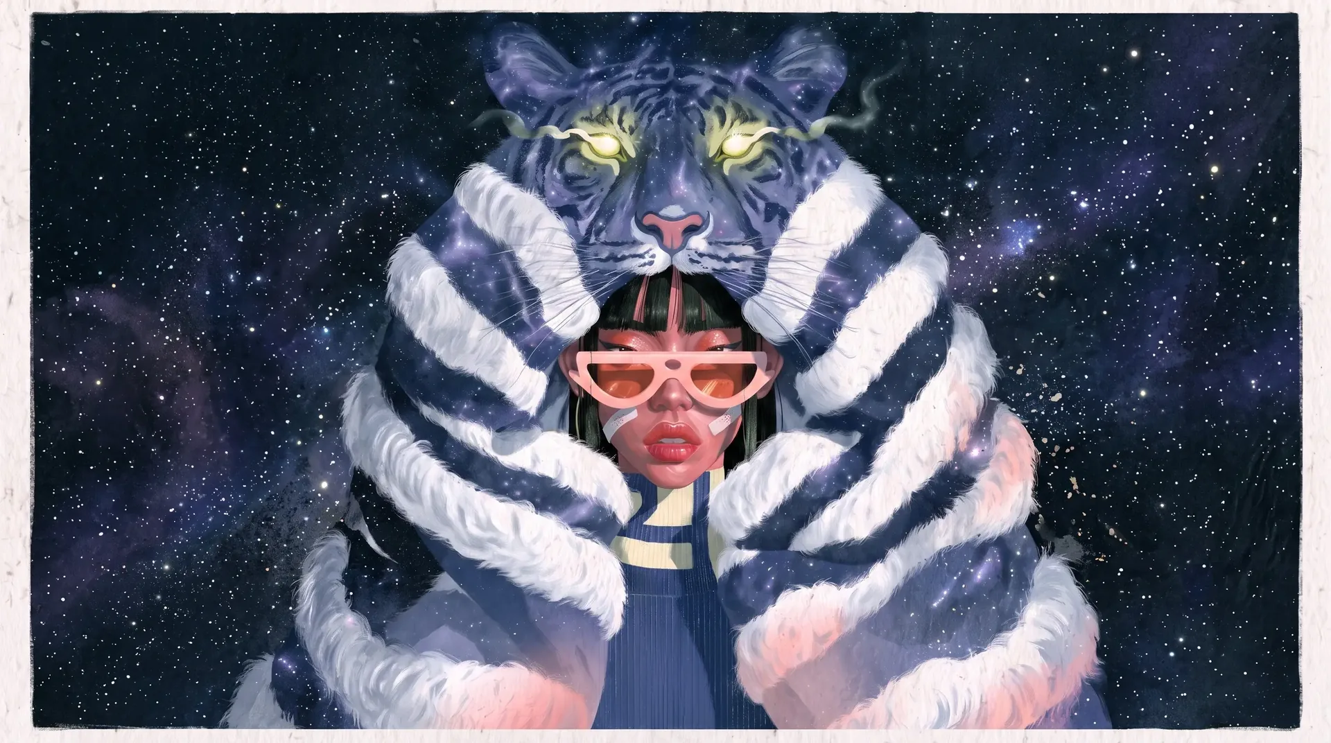 A woman in red sunglasses wears a striped tiger hood against a field of stars.